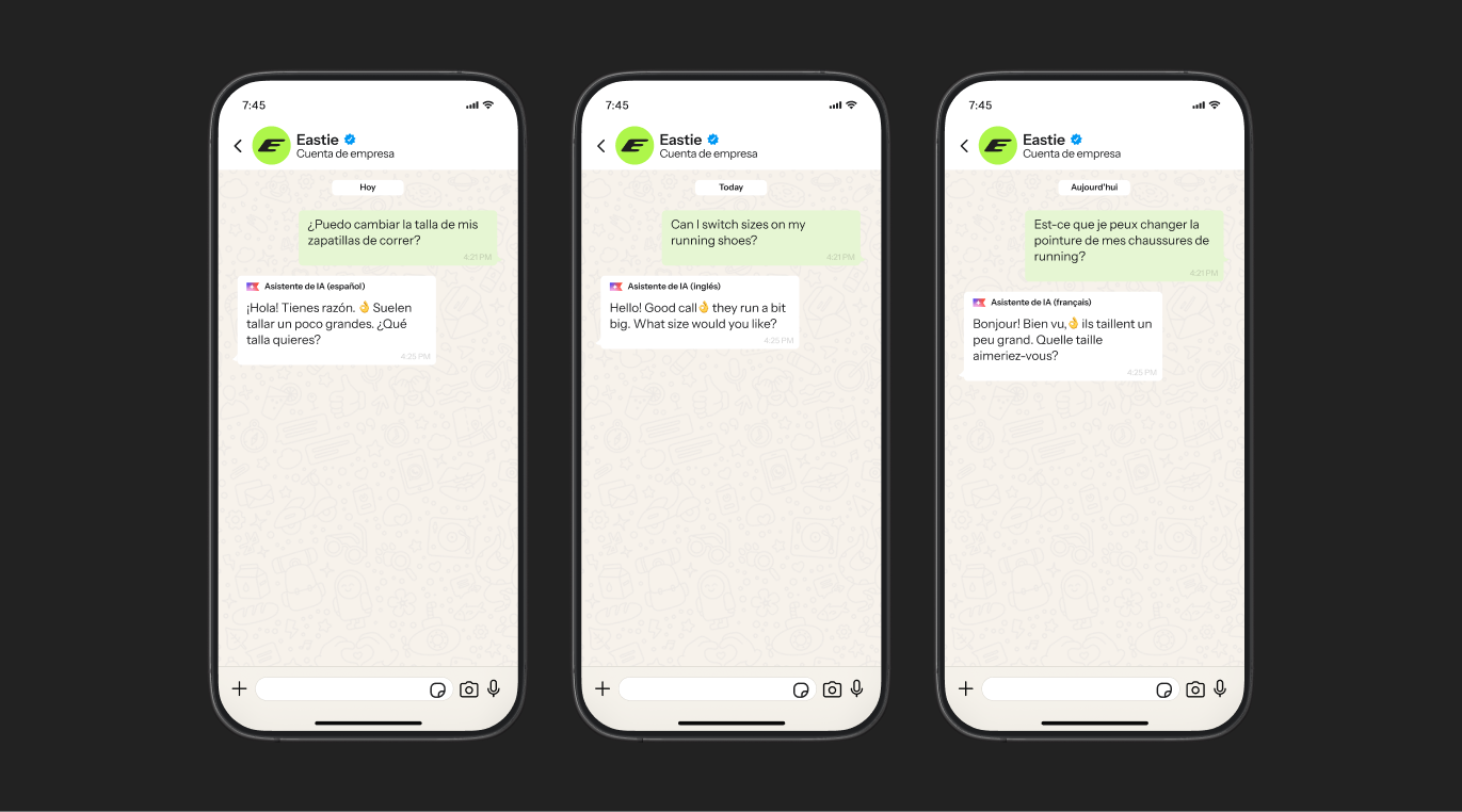 Three smartphone screens showing chat conversations in Spanish, English, and French about changing shoe sizes with a business assistant.