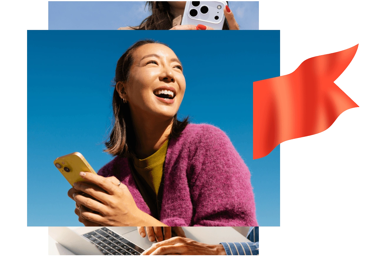 Smiling woman in a purple cardigan holds a smartphone against a blue sky beside a red abstract shape.