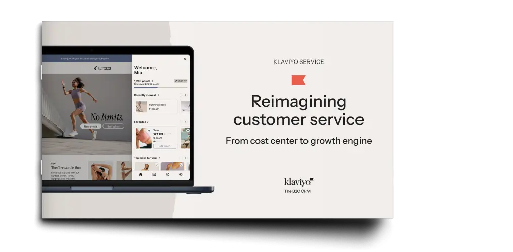 Klaviyo service book cover with a laptop displaying a customer interface. Text: "Reimagining customer service: From cost center to growth engine.