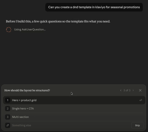 A dark mode interface shows an AI assistant asking "How should the layout be structured?" as question 3 of 3, with "Hero + product grid" highlighted among layout options.