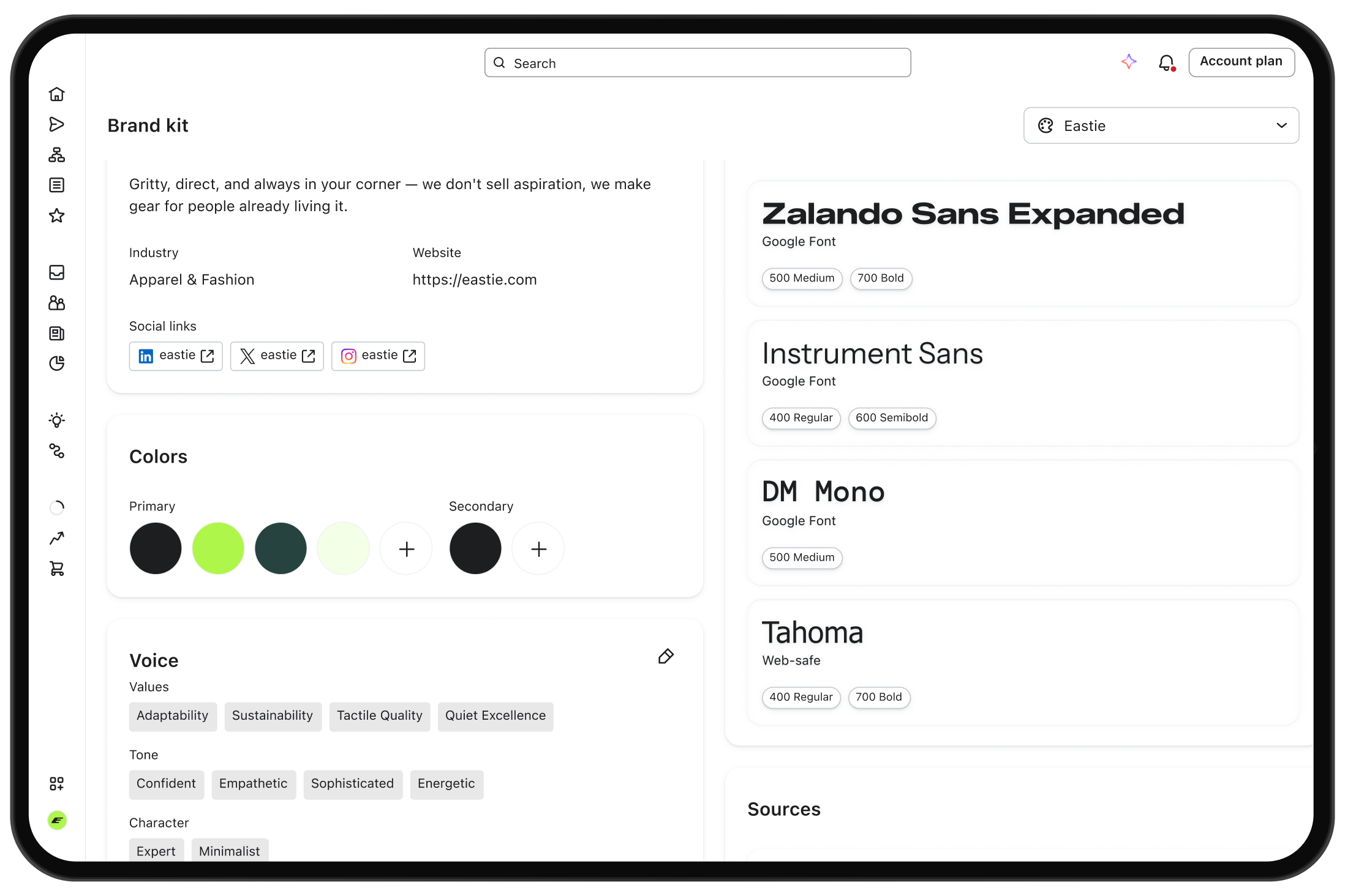 Brand kit dashboard showing company details, color palette, brand voice, and typography selections.