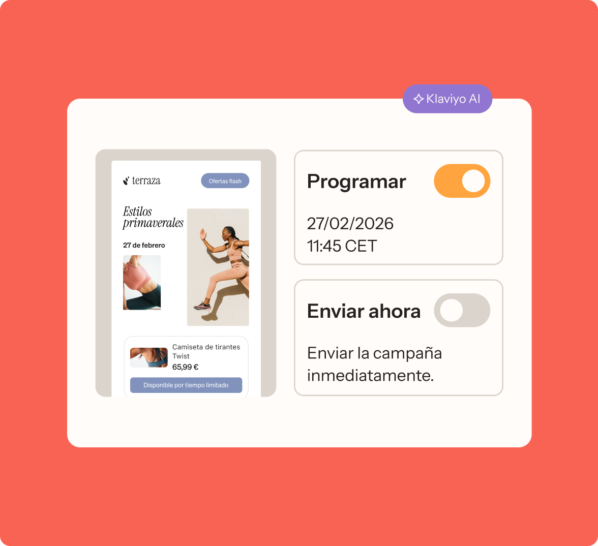 Interfaz de programación de campañas de email con la vista previa de un anuncio «Estilos primaverales»