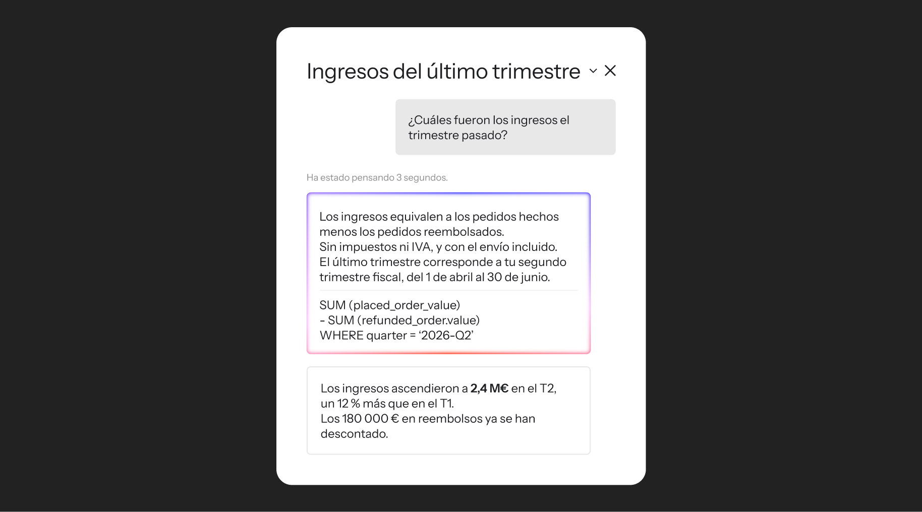 A UI displaying "last quarter's income" as 2.4 M€ for Q2, up 12% from Q1, including calculation details.