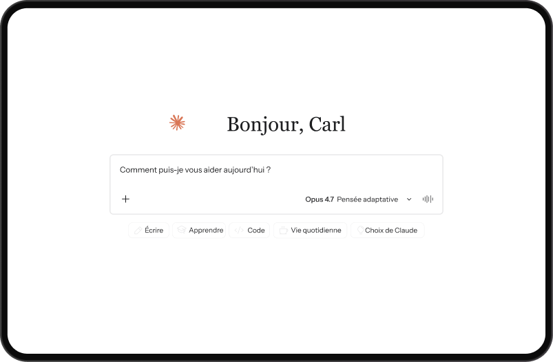 An AI assistant interface on a screen, displaying "Bonjour, Carl" with a prompt asking "Comment puis-je vous aider aujourd'hui?" and showing "Opus 4.7 Pensée adaptative".