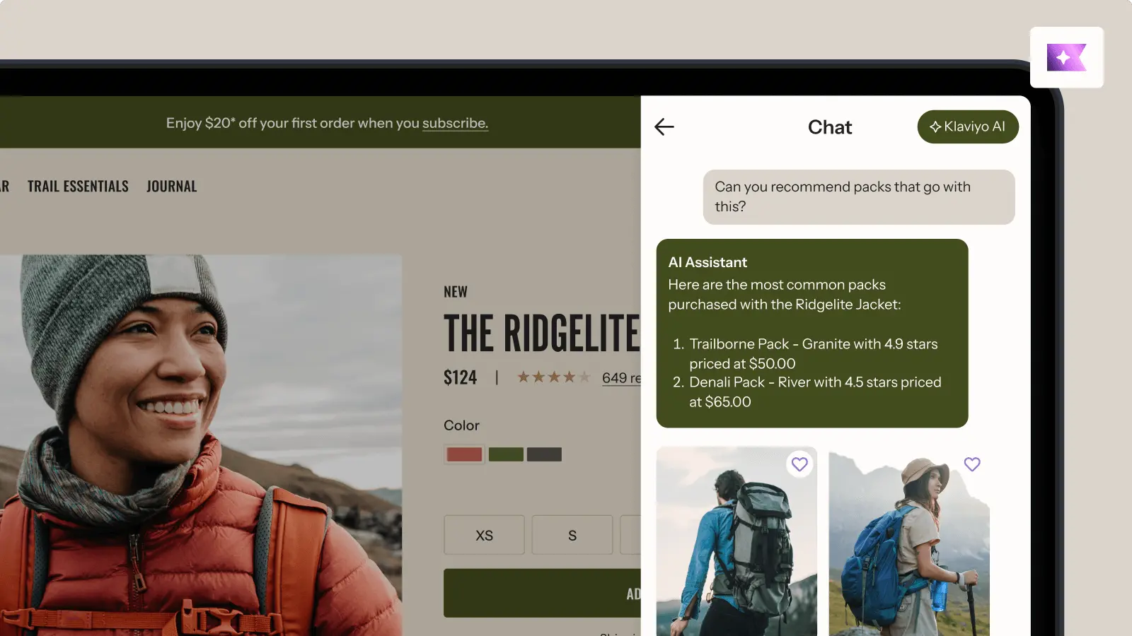 Online shopping interface showing a Ridgelite Jacket and AI chat recommending packs. Offers $20 off for first order.