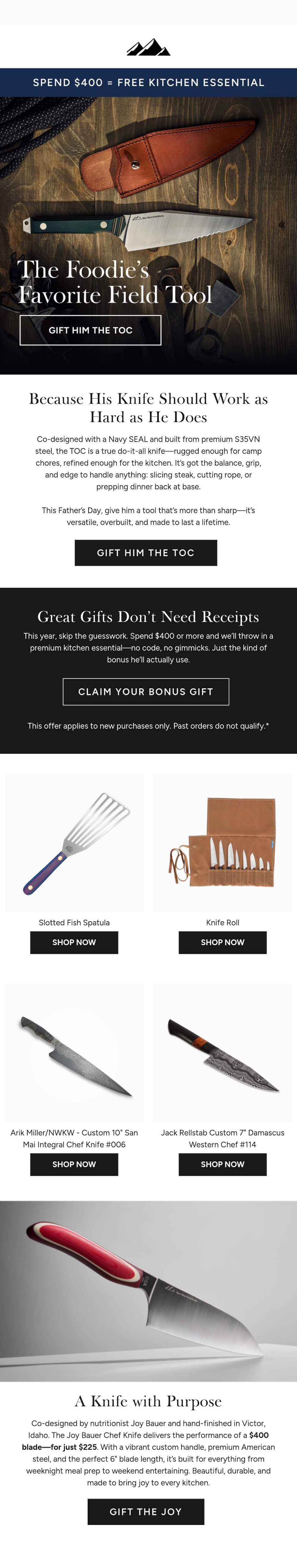 Image shows a Father’s Day email from New West Knifeworks promoting "The Foodie's Favorite Field Tool" (TOC knife with leather sheath) with offer of free kitchen essential on orders over $400. Email features tagline "Because His Knife Should Work as Hard as He Does" and showcases additional products including Slotted Fish Spatula, Knife Roll, Ark Mitsu/NKXW Custom 10" San Mai Honesuki Chef Knife, Jack Reiteitz Custom 7" Damascus Western Chef, and the Joy Bauer Chef Knife with "A Knife with Purpose" messaging.