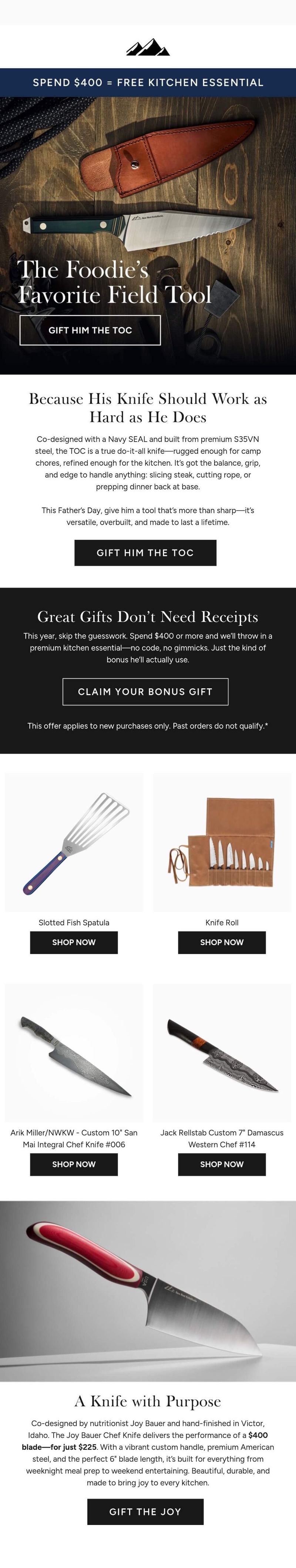 Image shows a Father’s Day email from New West Knifeworks promoting "The Foodie's Favorite Field Tool" (TOC knife with leather sheath) with offer of free kitchen essential on orders over $400. Email features tagline "Because His Knife Should Work as Hard as He Does" and showcases additional products including Slotted Fish Spatula, Knife Roll, Ark Mitsu/NKXW Custom 10" San Mai Honesuki Chef Knife, Jack Reiteitz Custom 7" Damascus Western Chef, and the Joy Bauer Chef Knife with "A Knife with Purpose" messaging.
