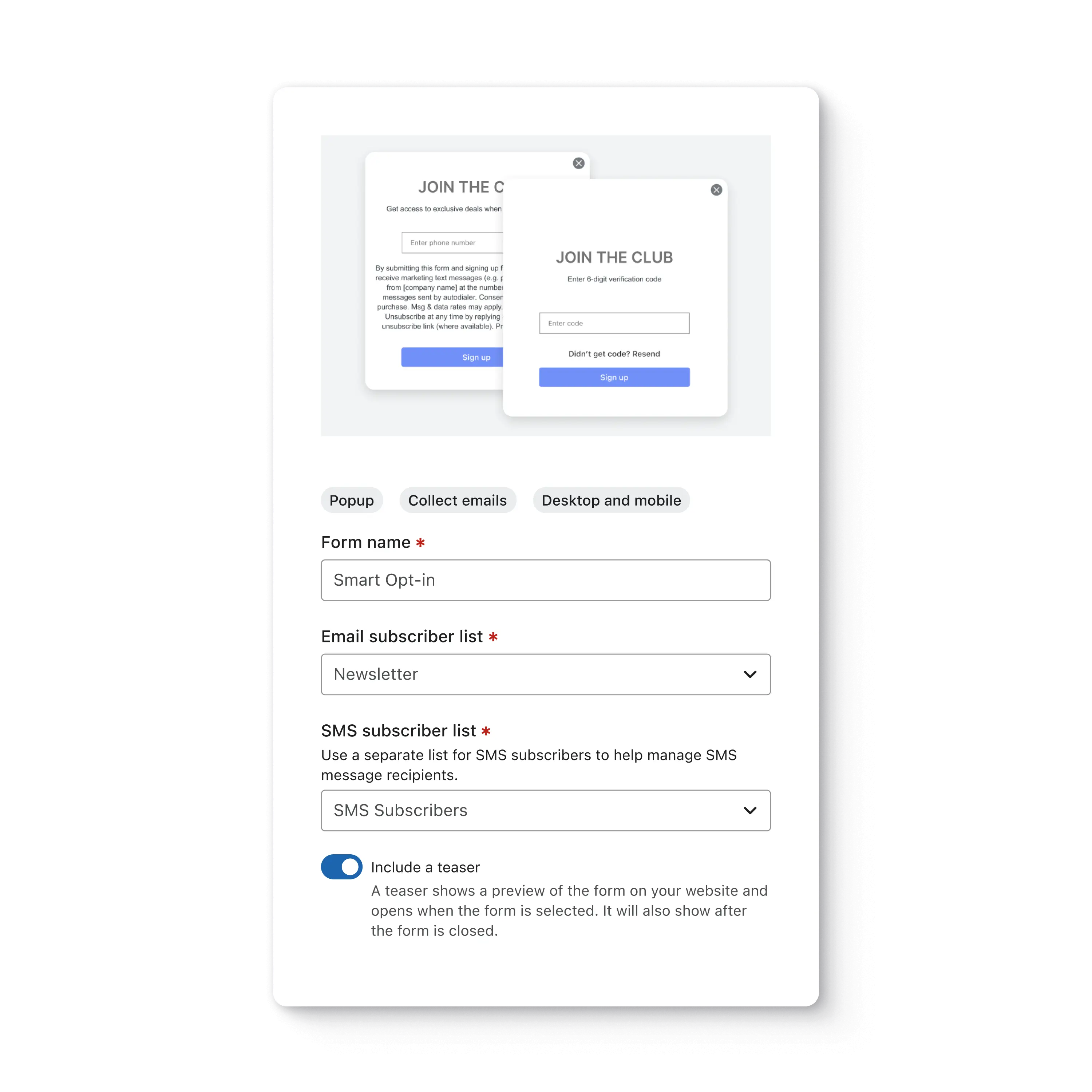 Klaviyo screen showing the form builder with a toggle for including a teaser.