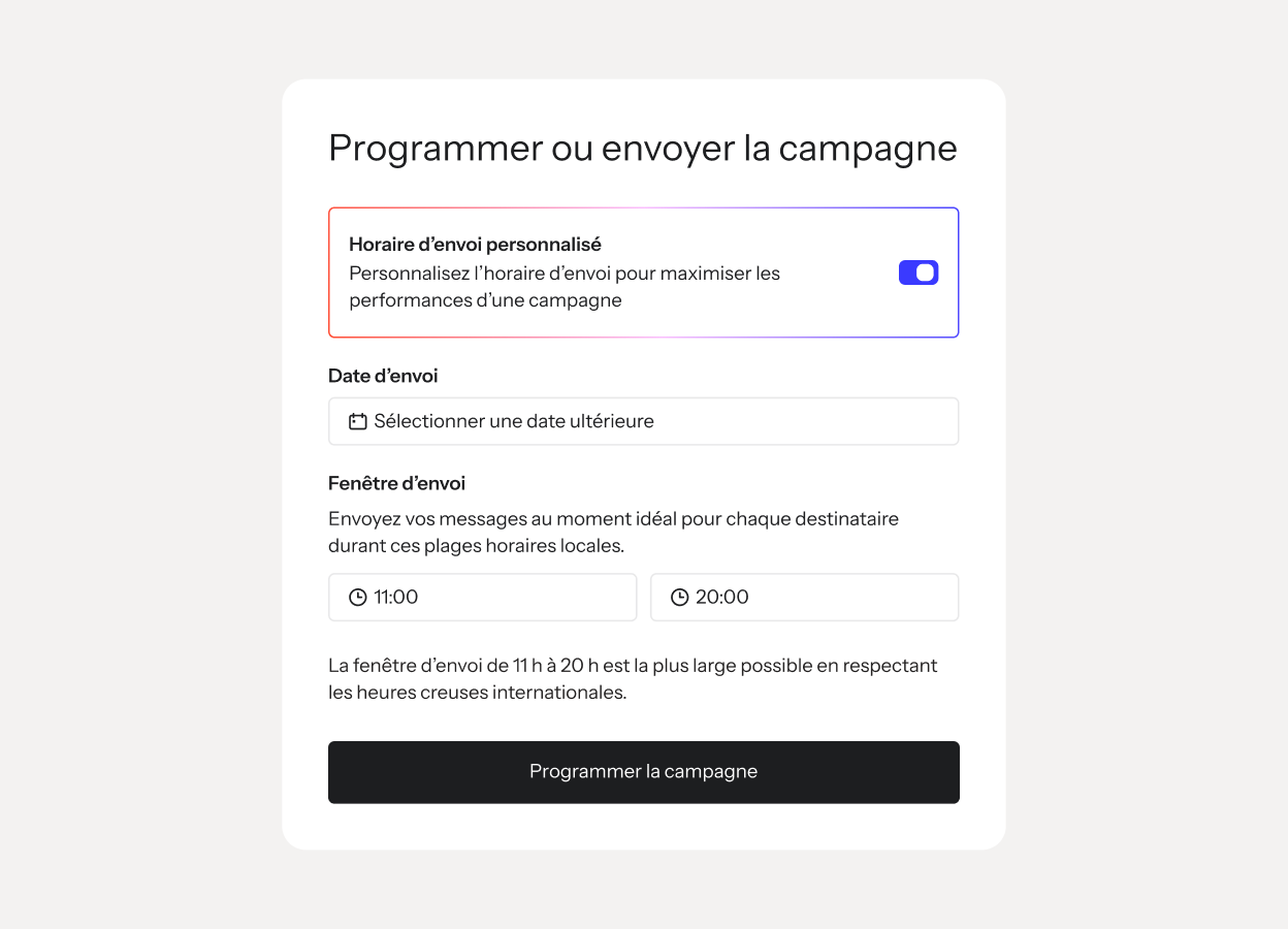 Campaign scheduling form with personalized send time, date picker, sending window, and schedule button.