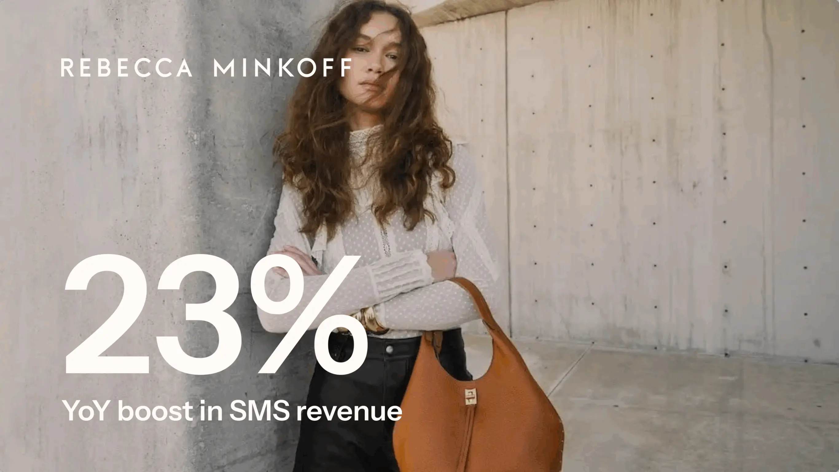 Woman in a white lace top holding a brown bag, with text: "REBECCA MINKOFF 23% YoY boost in SMS revenue.
