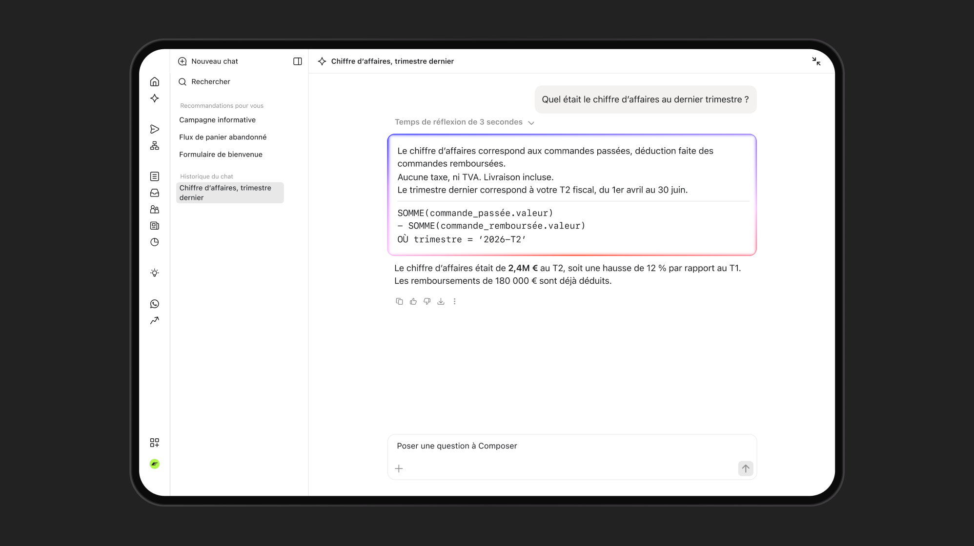 A tablet displays a chat interface in French, showing a question about last quarter's revenue and the answer: "€2.4M in Q2, a 12% increase."