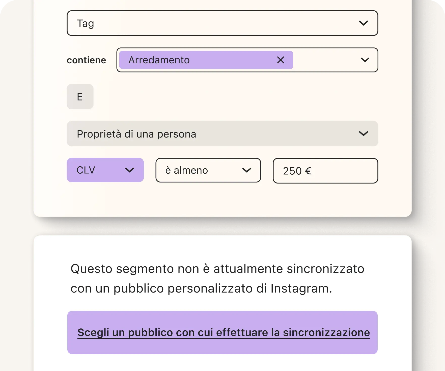Interfaccia utente di un'applicazione con filtri per tag "Arredamento" e CLV minimo di 250 €. Testo su sincronizzazione Instagram.