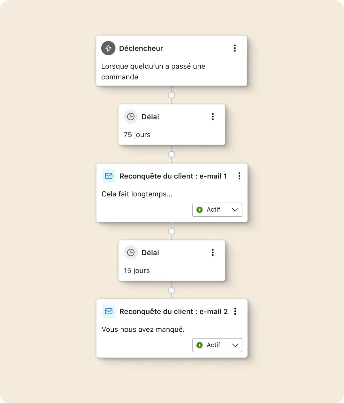Diagramme montrant un flux de travail d'e-mails de reconquête client avec des délais de 75 et 15 jours.