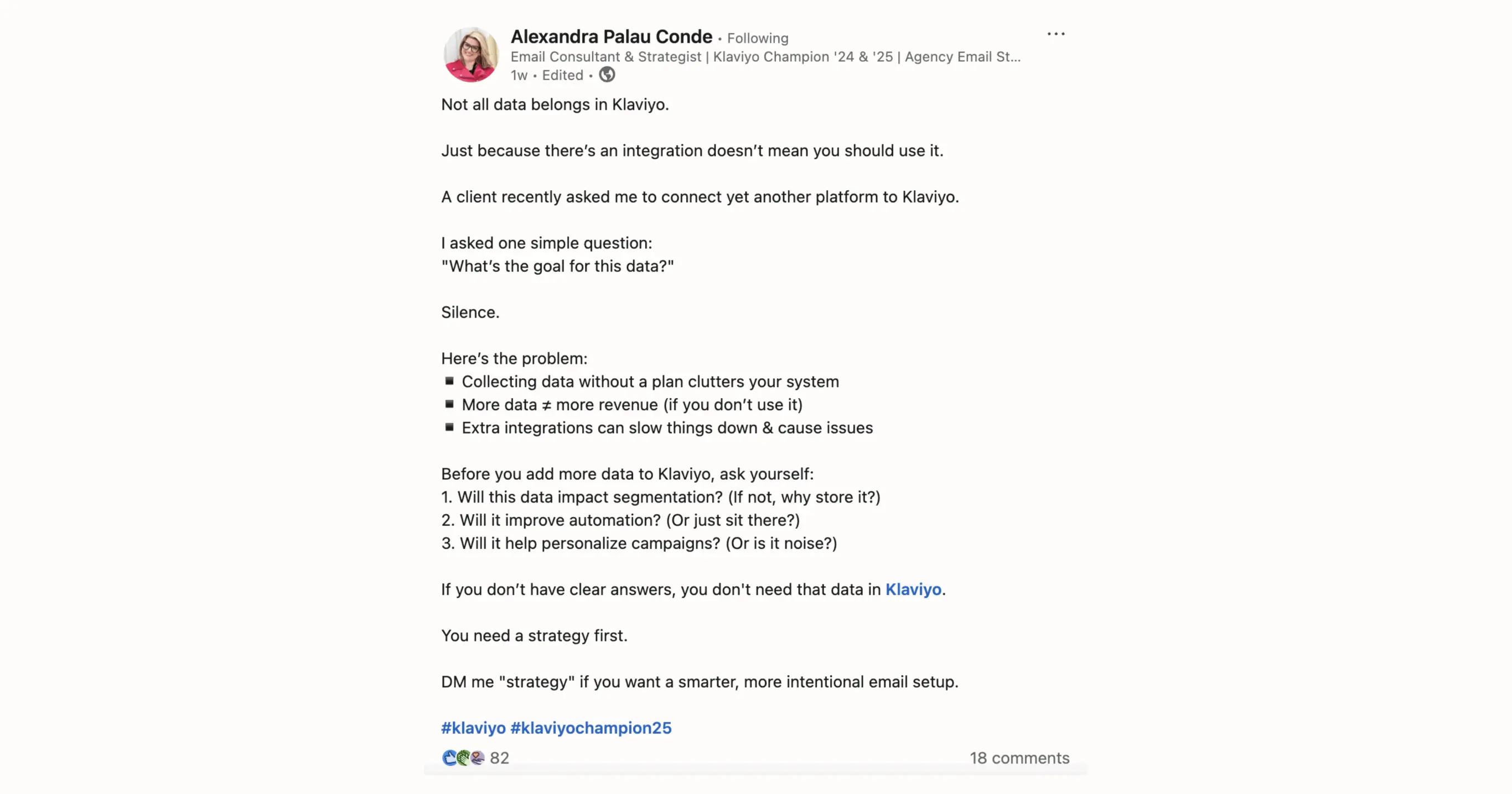 LinkedIn-Post von Alexandra Palau Conde über die strategische Nutzung von Daten in Klaviyo, mit Tipps zur Datenintegration.