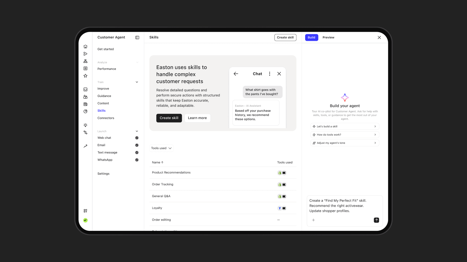 Customer agent interface displaying skill management, tools like product recommendations, and a chat interaction example.