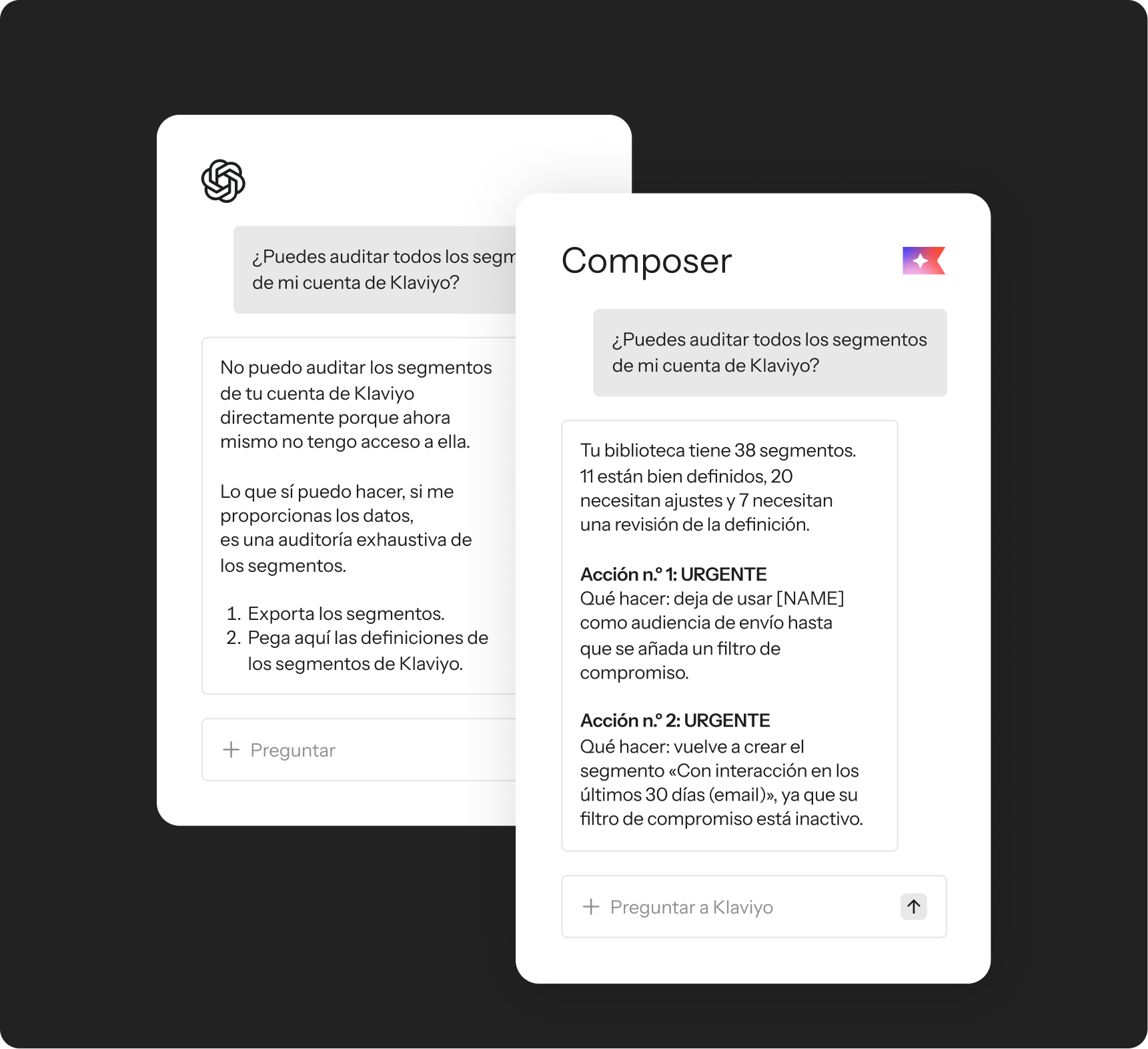 Two white cards displaying AI chat interfaces in Spanish. The left shows a generic ChatGPT response, while the right, titled "Composer," offers a detailed, actionable analysis of Klaviyo segments with urgent recommendations.