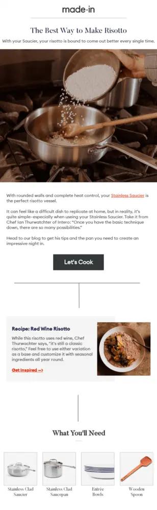 Image shows an email with a hero image of rice being poured from a wooden bowl into a steel pan. Following are several image panels including one of a finished red wine risotto and a row of four kitchen tools, including a stainless steel saucier, a saucepan, entré bowls, and a wooden spoon.