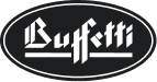Buffetti logo, white stylized text on black oval.