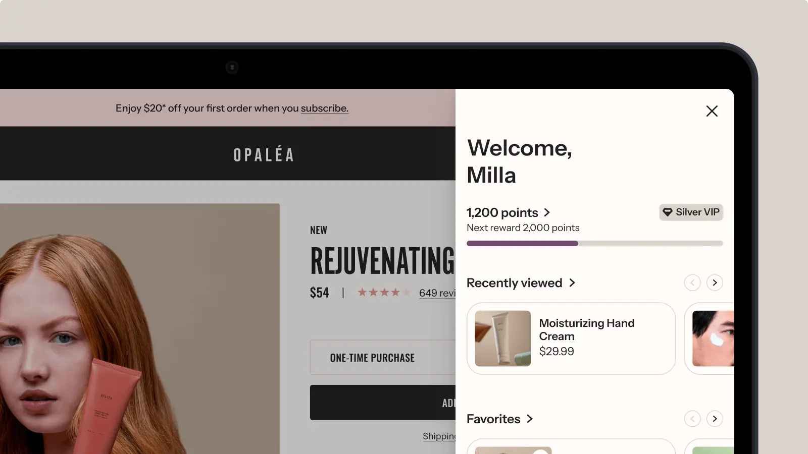 Online shopping interface showing a beauty product page for "Rejuvenating" cream by Opaléa, and a customer hub sidebar for Milla with loyalty points and recently viewed items.
