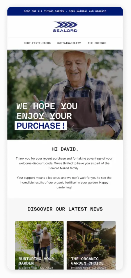 Image shows an automated “thank you” email to a new subscriber who has just used the welcome series coupon, from New Zealand fertilizer brand Sealord Naked.