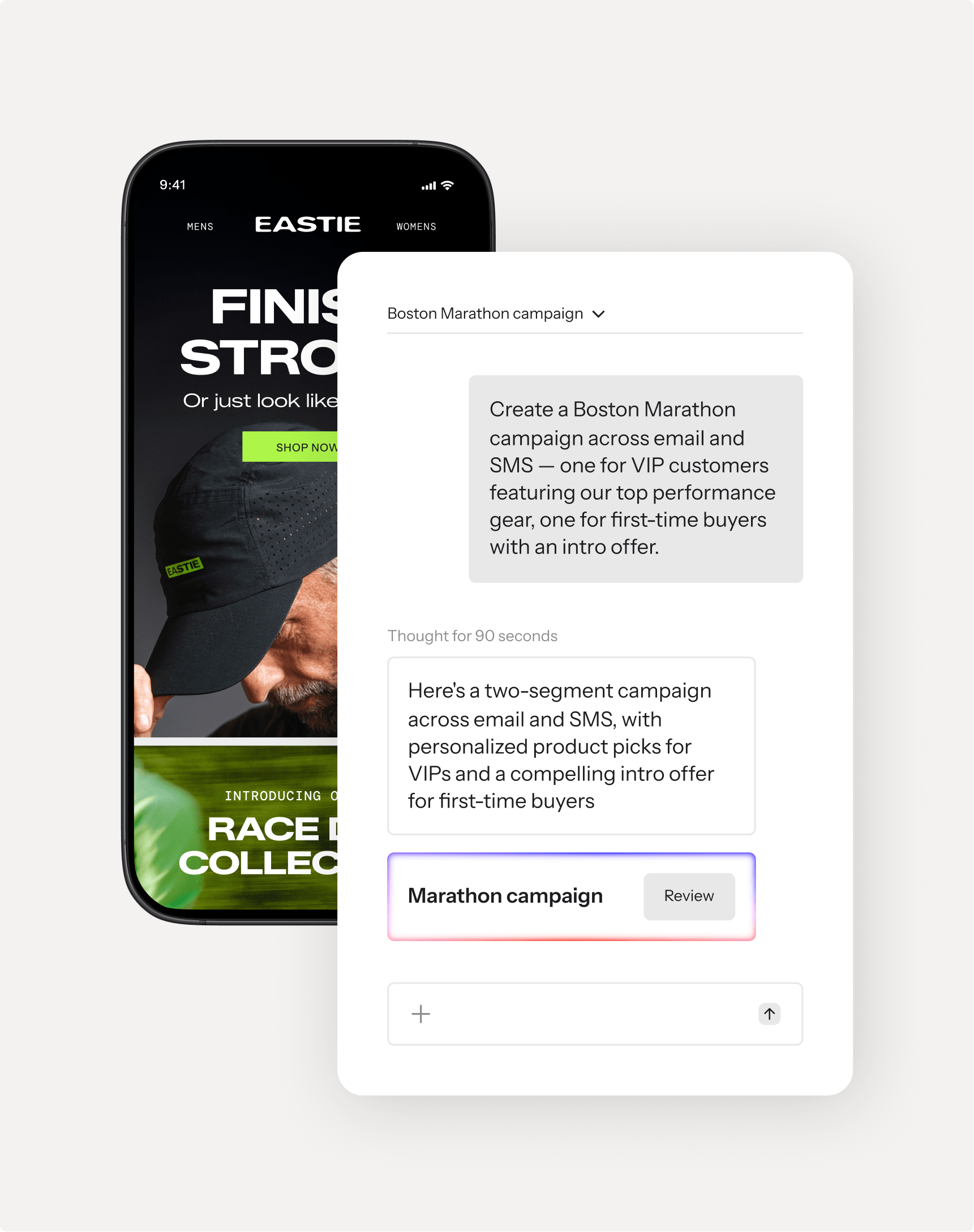 A mobile phone displaying an Eastie running gear website, partially covered by an interface generating a Boston Marathon marketing campaign.