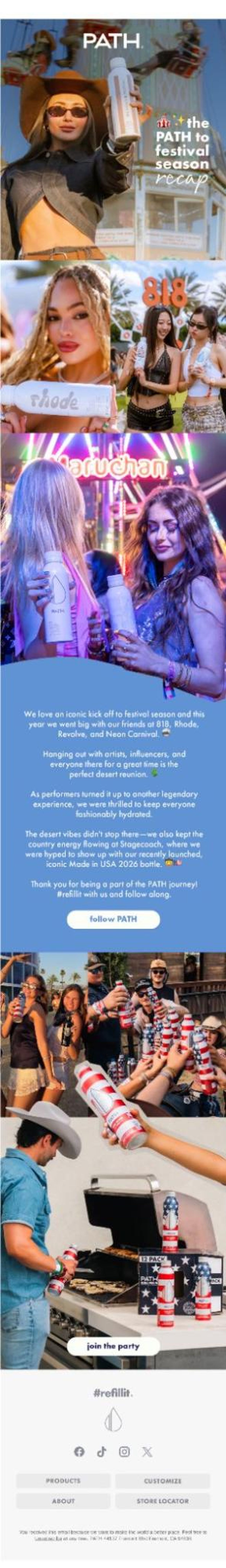 A promotional email from Path water, featuring images of people at festivals and events holding Path water bottles, with text recapping festival season partnerships.