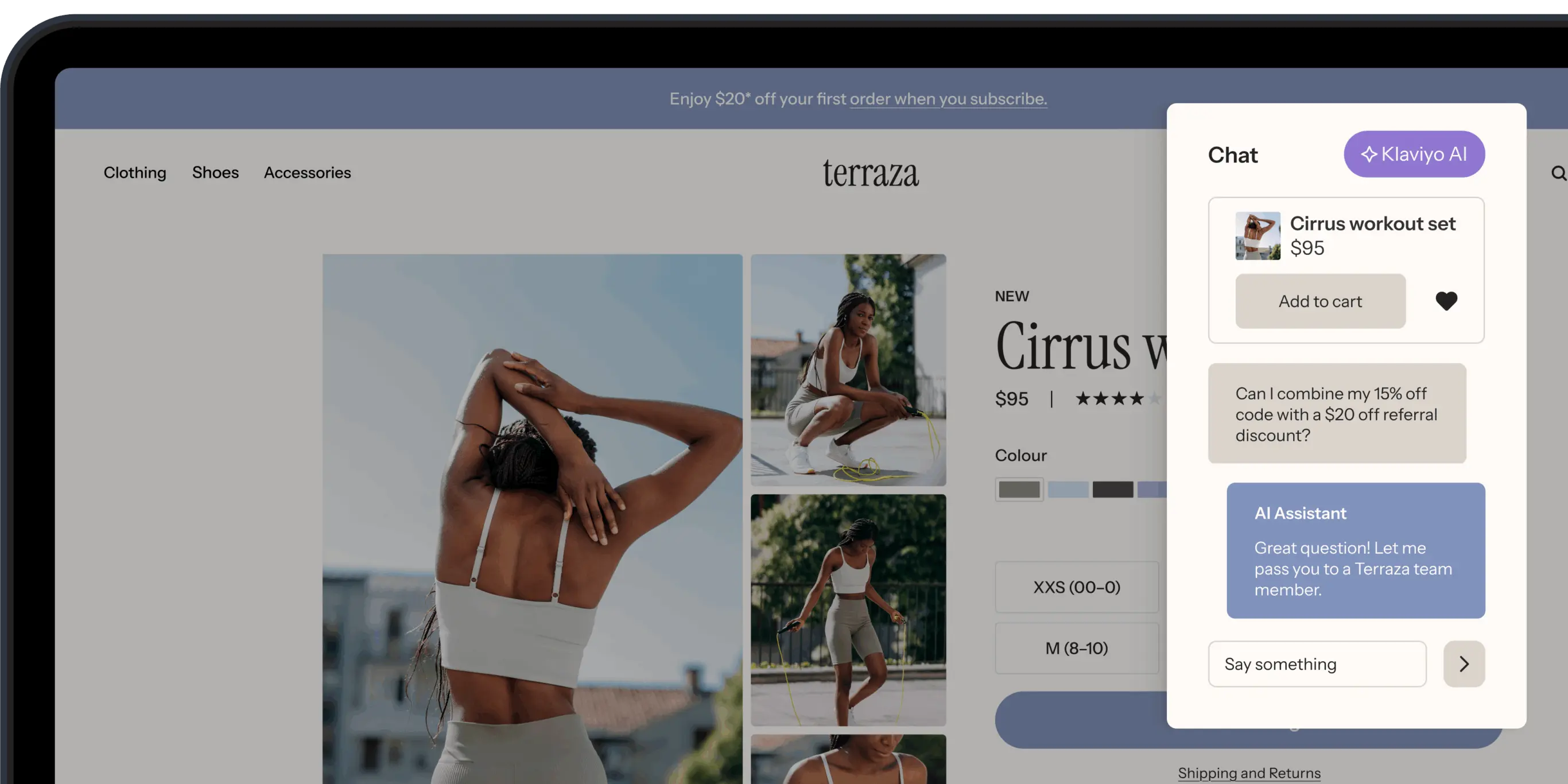 Online shopping page for "Cirrus workout set" priced at $95, featuring product images and a Klaviyo AI chat assistant.