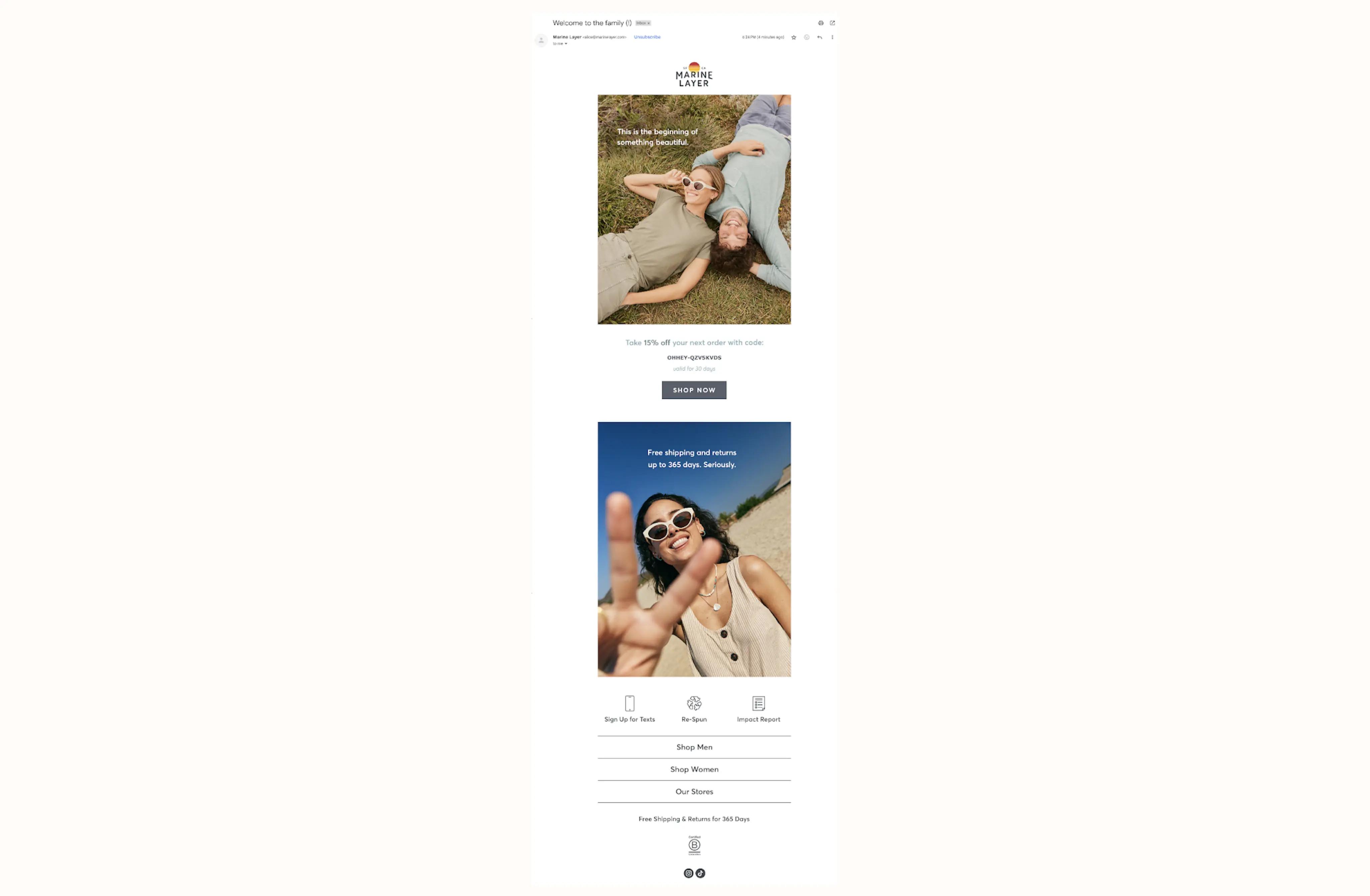 Image shows a welcome email from comfy apparel brand Marine Layer, featuring a photo of two models laying on their backs in a field, under the headline, “This is the beginning of something beautiful.” Beneath the photo is the copy, “Take 15% off your next order with code,” and a “shop now” CTA.