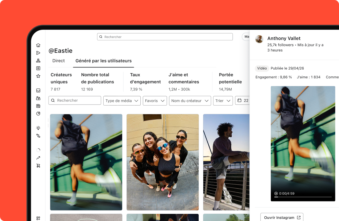 A social media dashboard for user-generated content, displaying engagement metrics, filters, and a grid of various posts, with a detailed video of a runner on the right.
