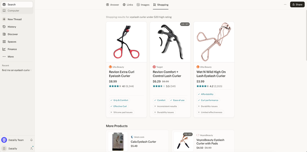 Screenshot of the Shopping tab in Perplexity, showing product listings for specific eyelash curlers with good reviews under $20. In a 3-column format, there are 3 images of eyelash curlers: first, there is a thin, black eyelash curler with red handles that look like scissor handles. Second, there is a bulkier eyelash curler in black and gray. Third, there is a shiny, pink, and sleek eyelash curler that looks like a more traditional eyelash curler. Underneath are smaller images of two additional eyelash curlers, one inside packaging and the other with black comfort pads on the handles.
