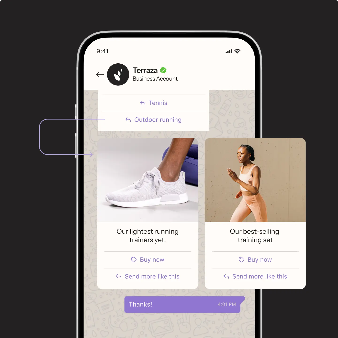 Mobile screen showing a shopping app with options for tennis and outdoor running gear, featuring trainers and a training set.