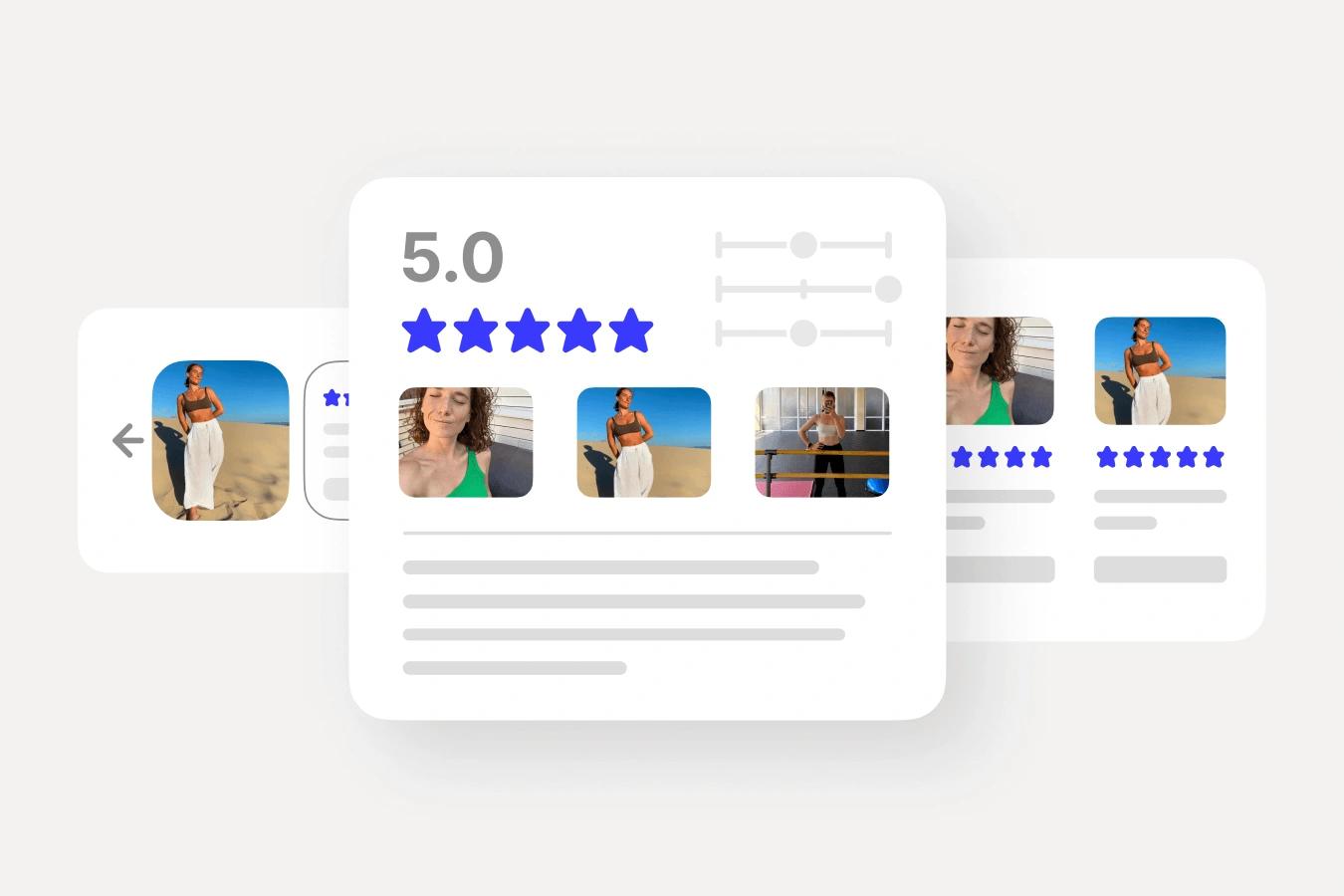 Illustrated review cards with a 5.0 rating, five blue stars, sliders, and customer photos