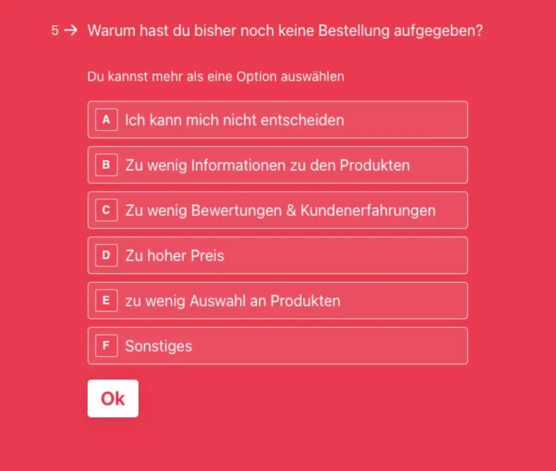 Umfrage zur Bestellverzögerung mit Optionen: Entscheidungsschwierigkeiten, Informationsmangel, Bewertungen, Preis, Auswahl, Sonstiges.