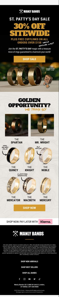 Image shows a Manly Bands St. Patrick's Day Sale email offering 30% off sitewide plus free cufflinks on orders over $150. The hero image features a collection of 3 gold wedding bands and wood-finished cufflinks and a case, while underneath there are various product shots of gold and black-accented rings including The Spartan, Mr. Wright, The Quincy, The Knight, The Noble, The Mercator, The Macbeth, and The Mercury, with gold pot and shamrock imagery.
