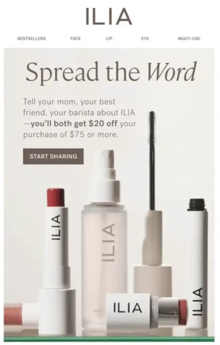 Image shows a post-purchase email from Ilia