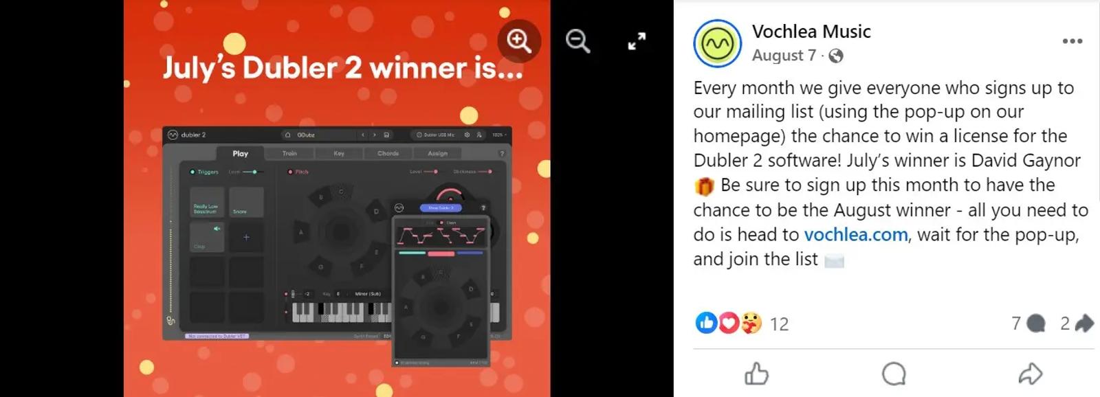 Image shows a screenshot of music software that mimics playing a piano. The image is surrounded by a red graphic with text on top that says, “July’s Dubler 2 winner is…” Beside the image is Facebook post text describing what people can win if they sign up for their email list.