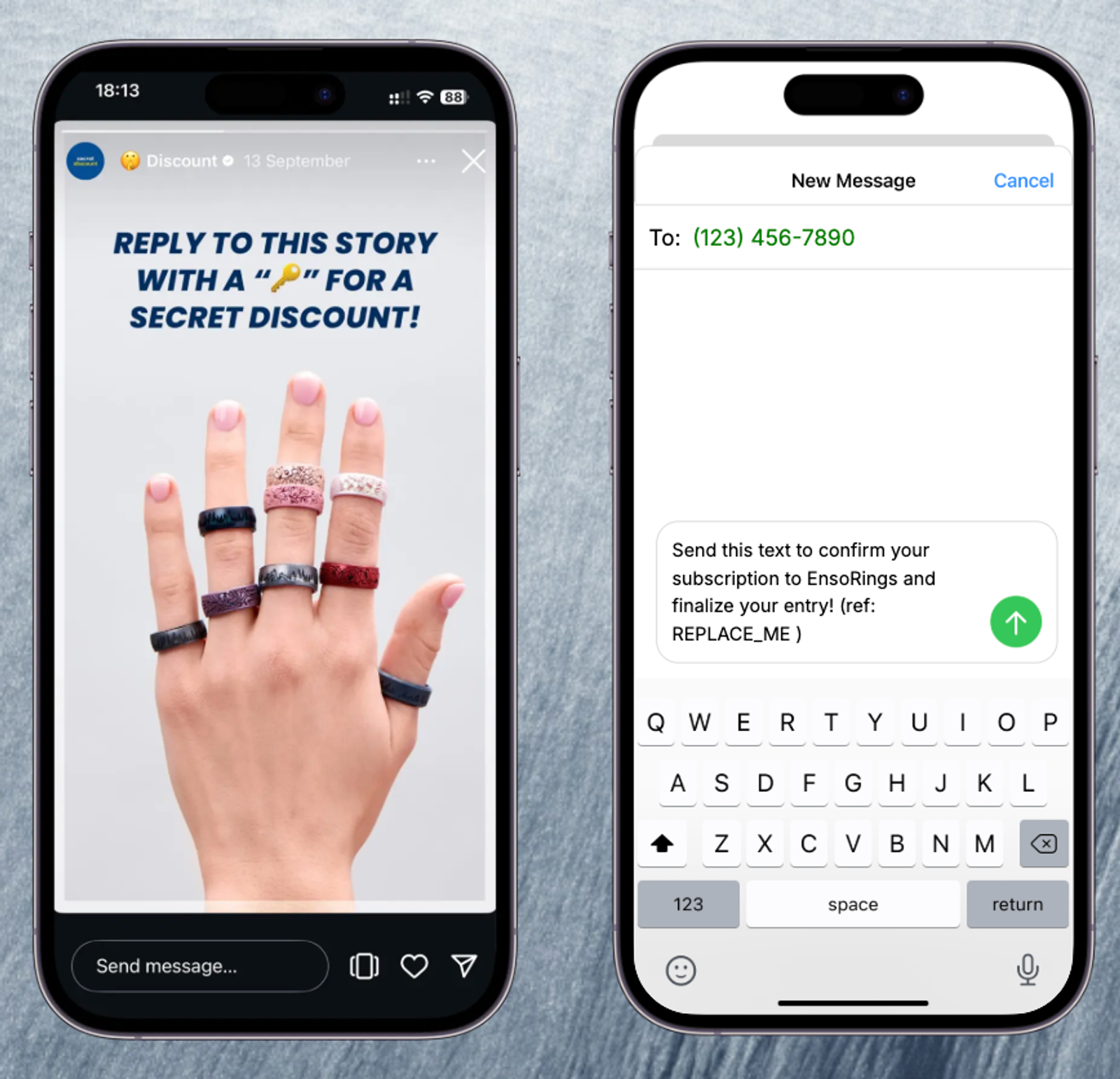 Side-by-side mobile phone screenshots showing Enso Rings Instagram Stories marketing campaign. The left screen shows Instagram Story with a light-skinned hand wearing 9 silicone rings in various colors and a navy blue text overlay that says, “Reply to this story with a ring emoji for a secret discount.” The right screen displays an SMS opt-in message interface with a pre-populated text to confirm subscription to Enso Rings and finalize entry.