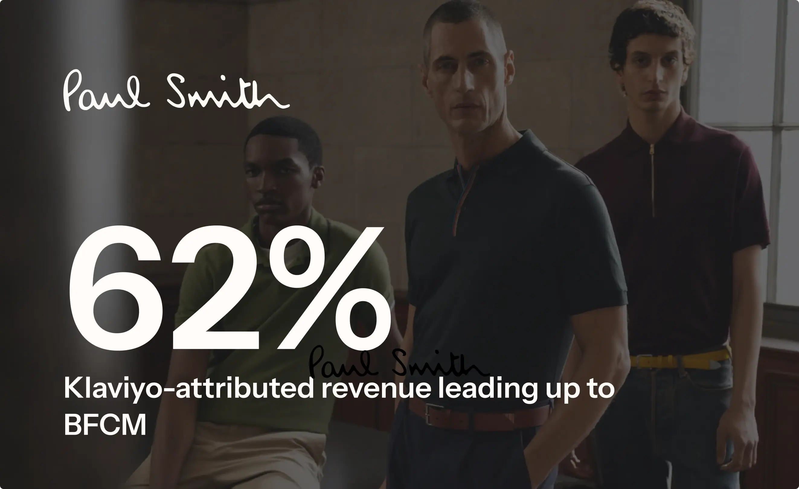 Paul Smith branding with three men in polo shirts. Text: "62% Klaviyo-attributed revenue leading up to BFCM.