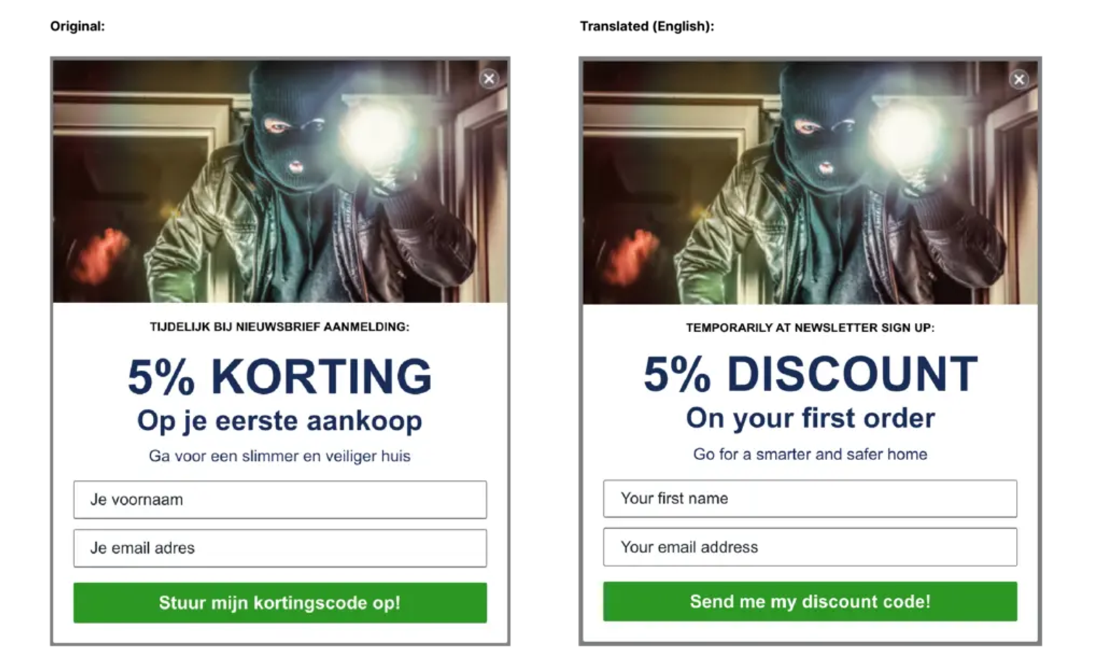 A side by side comparison of two emails from Smart Home Beveiliging that feature discounts.