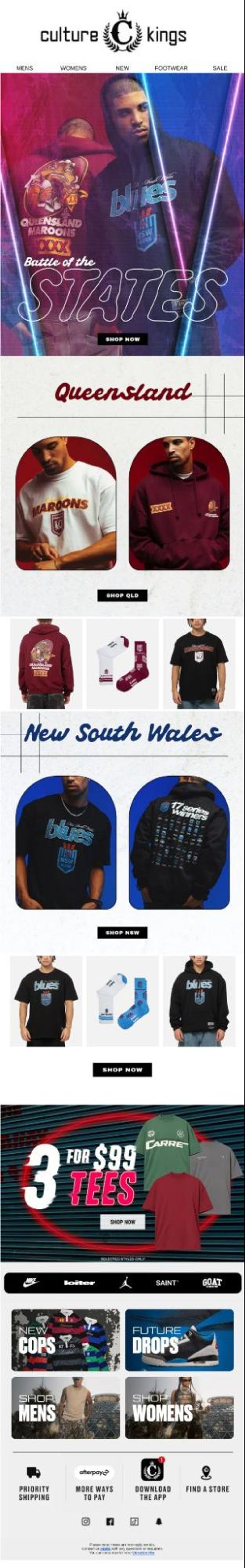Image shows a streetwear email with the Culture Kings crown logo and navigation for Mens, Womens, New, Footwear, and Sale. The top banner shows two people in dark hoodies under pink and blue neon light, with rugby team graphics for the Queensland Maroons and NSW Blues, and script text reading "Battle of the STATES" with a "SHOP NOW" button. Below, a "Queensland" section shows two people modeling a white "MAROONS" tee and a maroon hoodie, with a "SHOP QLD" button. The footer displays three products: a maroon hoodie, white and maroon socks, and a black tee.