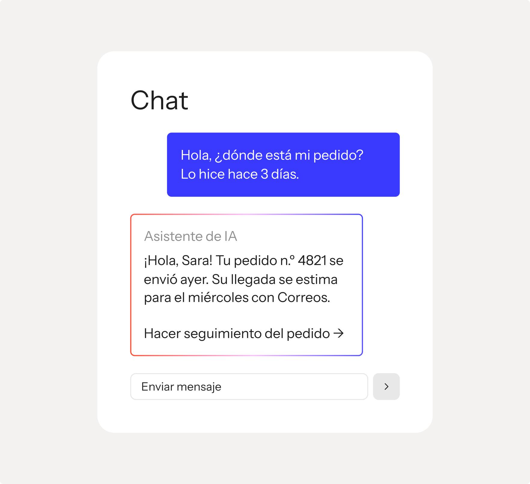 A chat interface showing a user asking about an order and an AI assistant providing shipping status.
