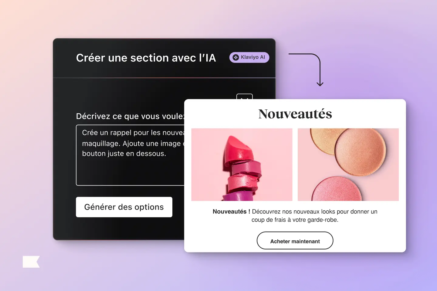 Interface de création de section avec l'IA Klaviyo, montrant des options de maquillage et un bouton "Acheter maintenant".