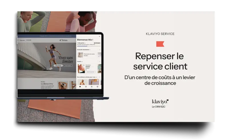 Couverture d'un eBook intitulé "Repenser le service client" par Klaviyo Service, avec une image d'ordinateur portable affichant un site web.