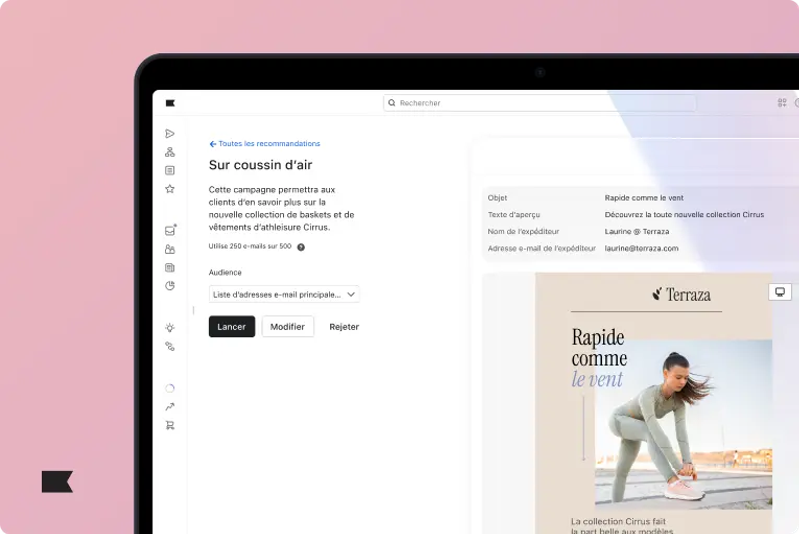 Interface d'une plateforme de marketing par e-mail, montrant une campagne intitulée "Sur coussin d'air" pour la collection Cirrus.