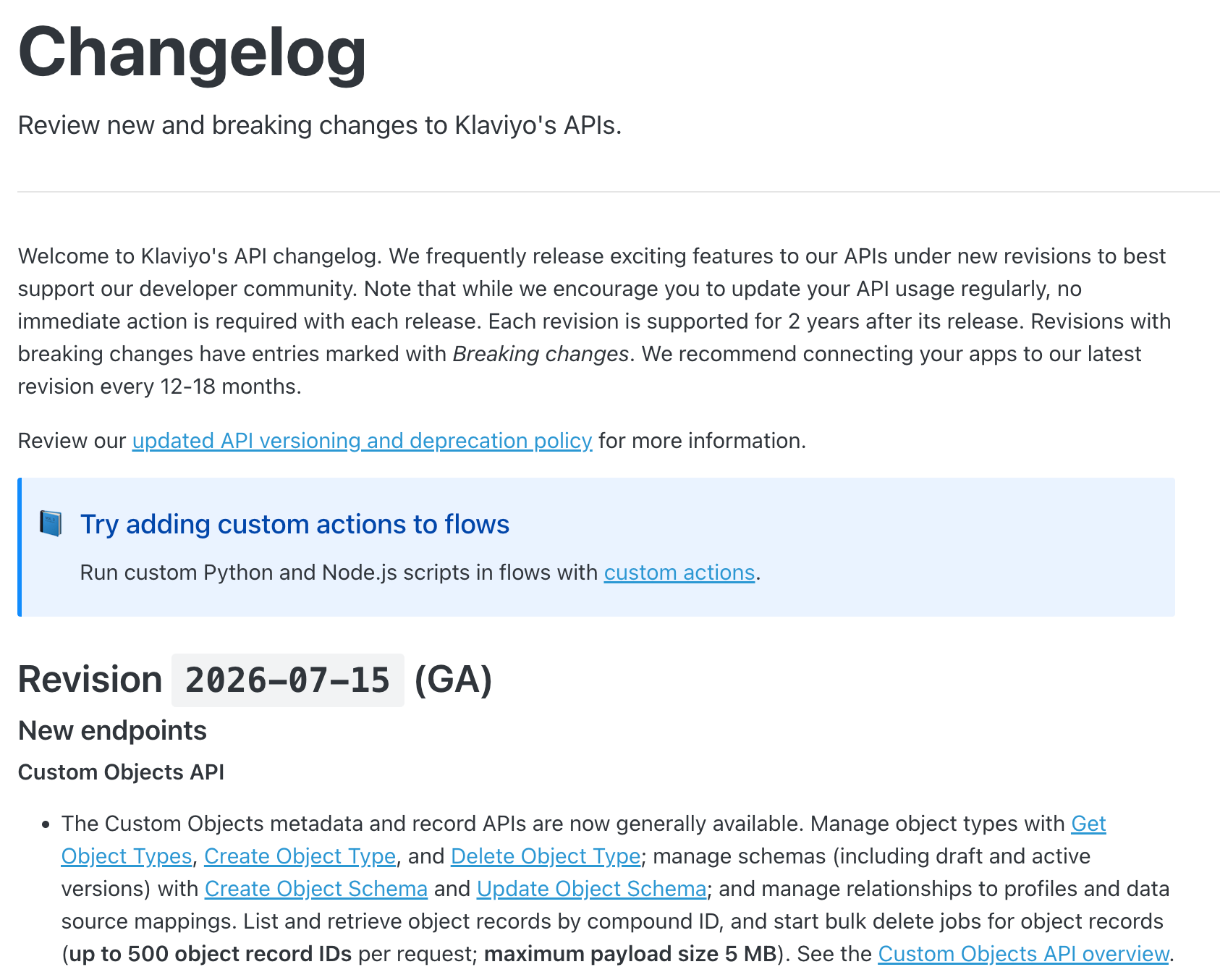 Klaviyo API changelog page showing updates, including a revision for Custom Objects API on 2026-07-15.