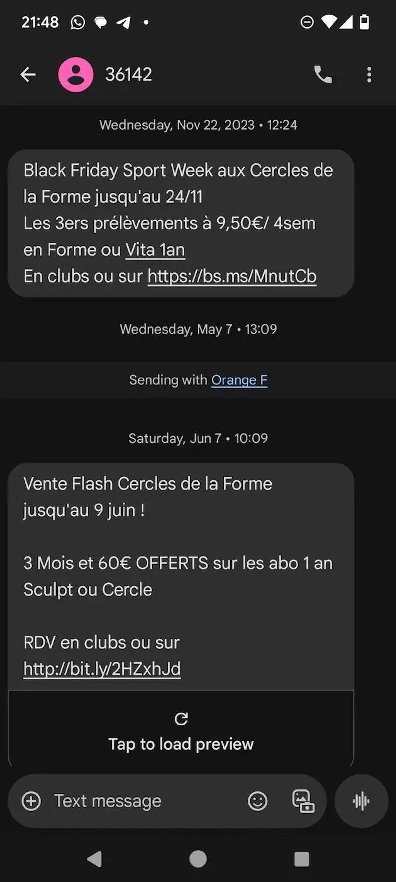 SMS promotionnel pour Cercles de la Forme, mentionnant des offres Black Friday et une vente flash avec des liens.