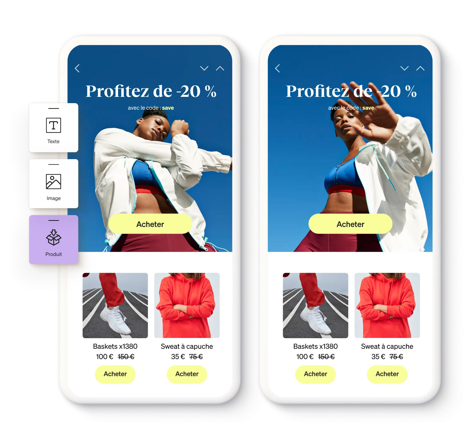 Deux écrans de smartphone affichant une promotion de 20 % sur des vêtements de sport, avec options d'achat pour baskets et sweat à capuche.