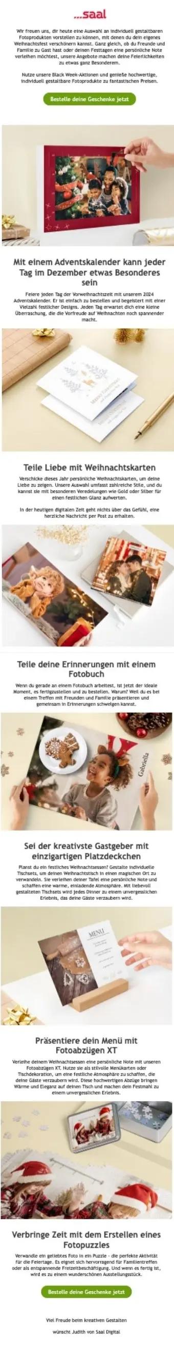 Newsletter von Saal Digital mit Angeboten für individuell gestaltbare Fotoprodukte zu Weihnachten, wie Adventskalender, Weihnachtskarten, Fotobücher, Platzdeckchen, Fotopuzzles und mehr.