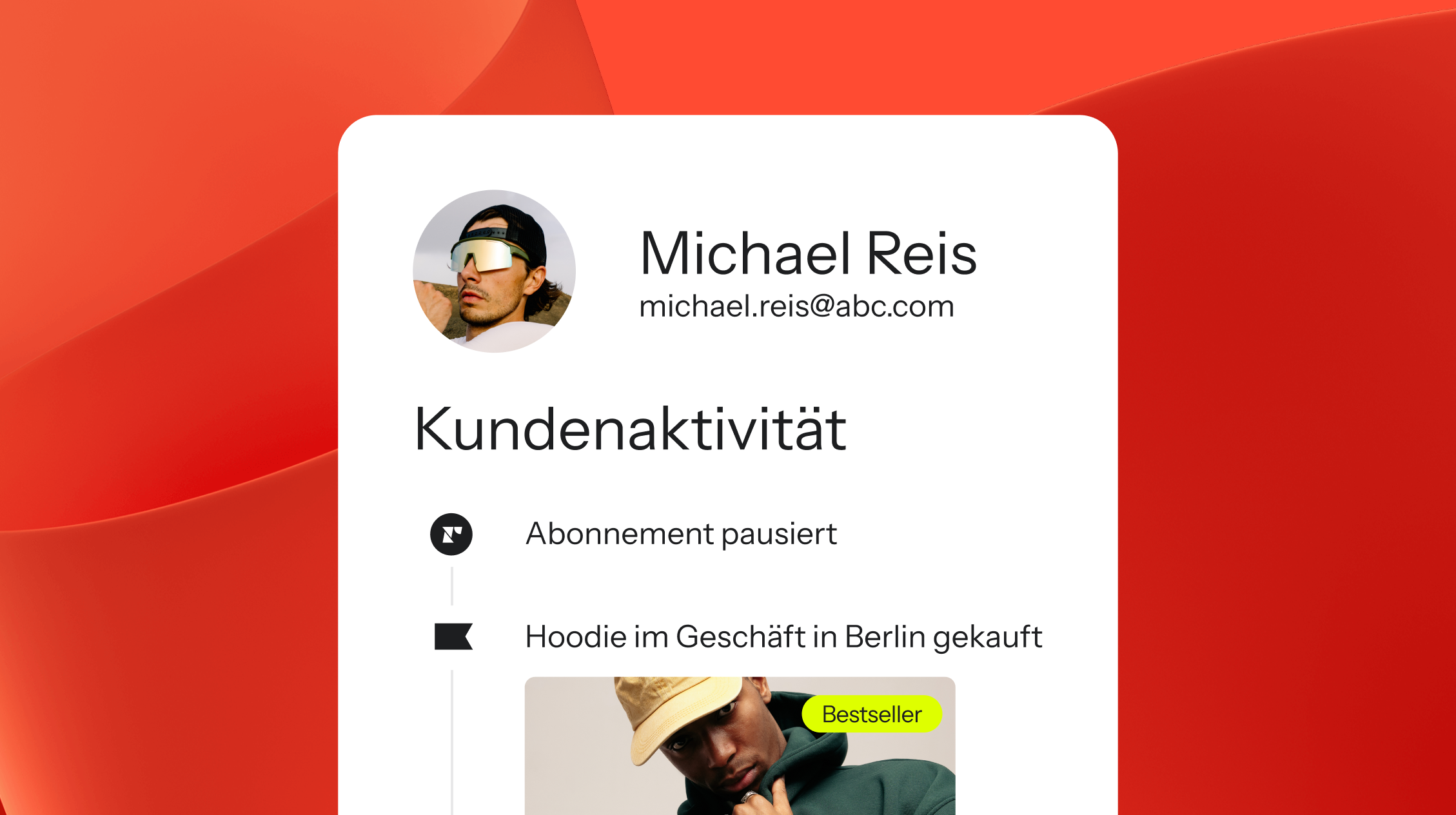 Customer activity card for Matt Reese, showing a paused subscription, a sneaker purchase, and a 'Best seller' sneaker image, on a red wavy background.