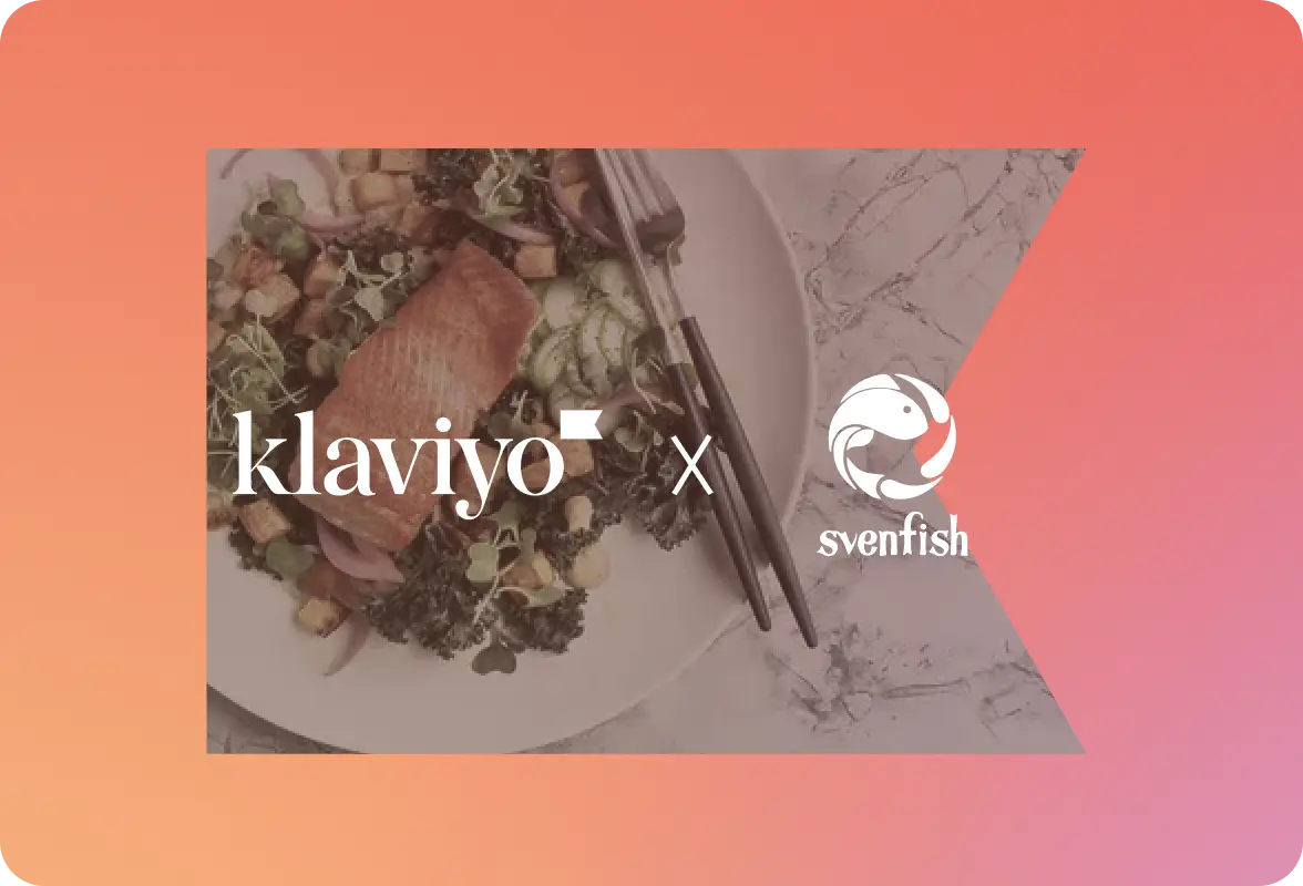 Klaviyo and Svenfish logos over a plate of salmon salad on a gradient background.